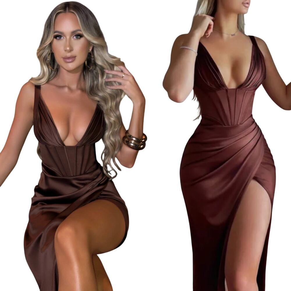 Babyboo Cordelia Maxi Dress Satin Corset Bodice Split Front Brown NEW Small
